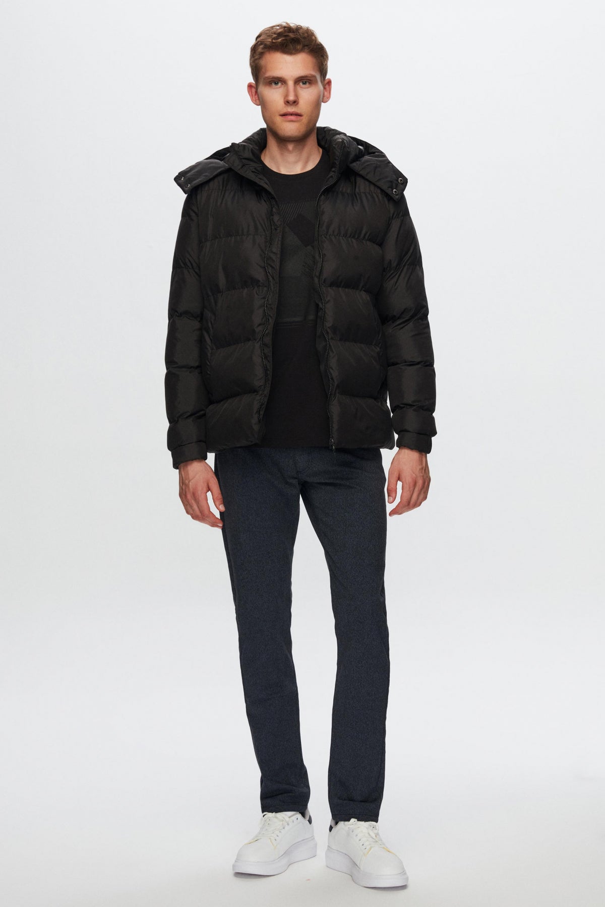 Ds Damat Regular Fit Windproof Heavy Fiber-Filled Warm Removable Hood Winter Puffer Jacket  - Black