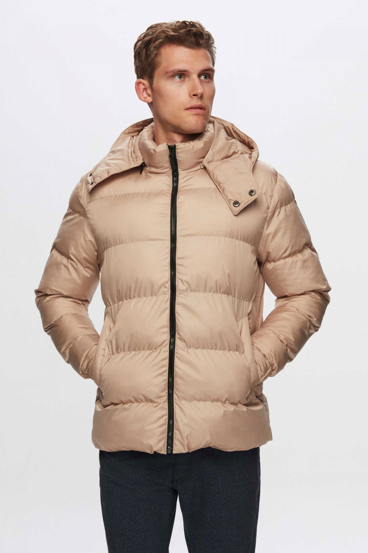 Ds Damat Regular Fit Windproof Heavy Fiber-Filled Warm Removable Hood Winter Puffer Jacket  - Taupe