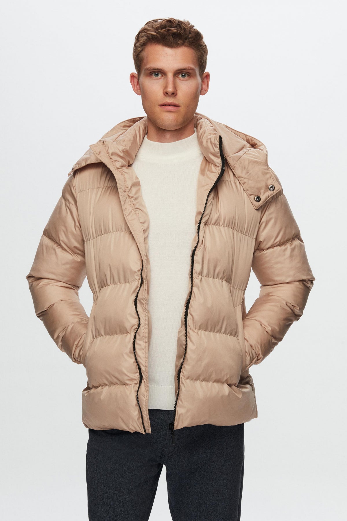 Ds Damat Regular Fit Windproof Heavy Fiber-Filled Warm Removable Hood Winter Puffer Jacket  - Taupe