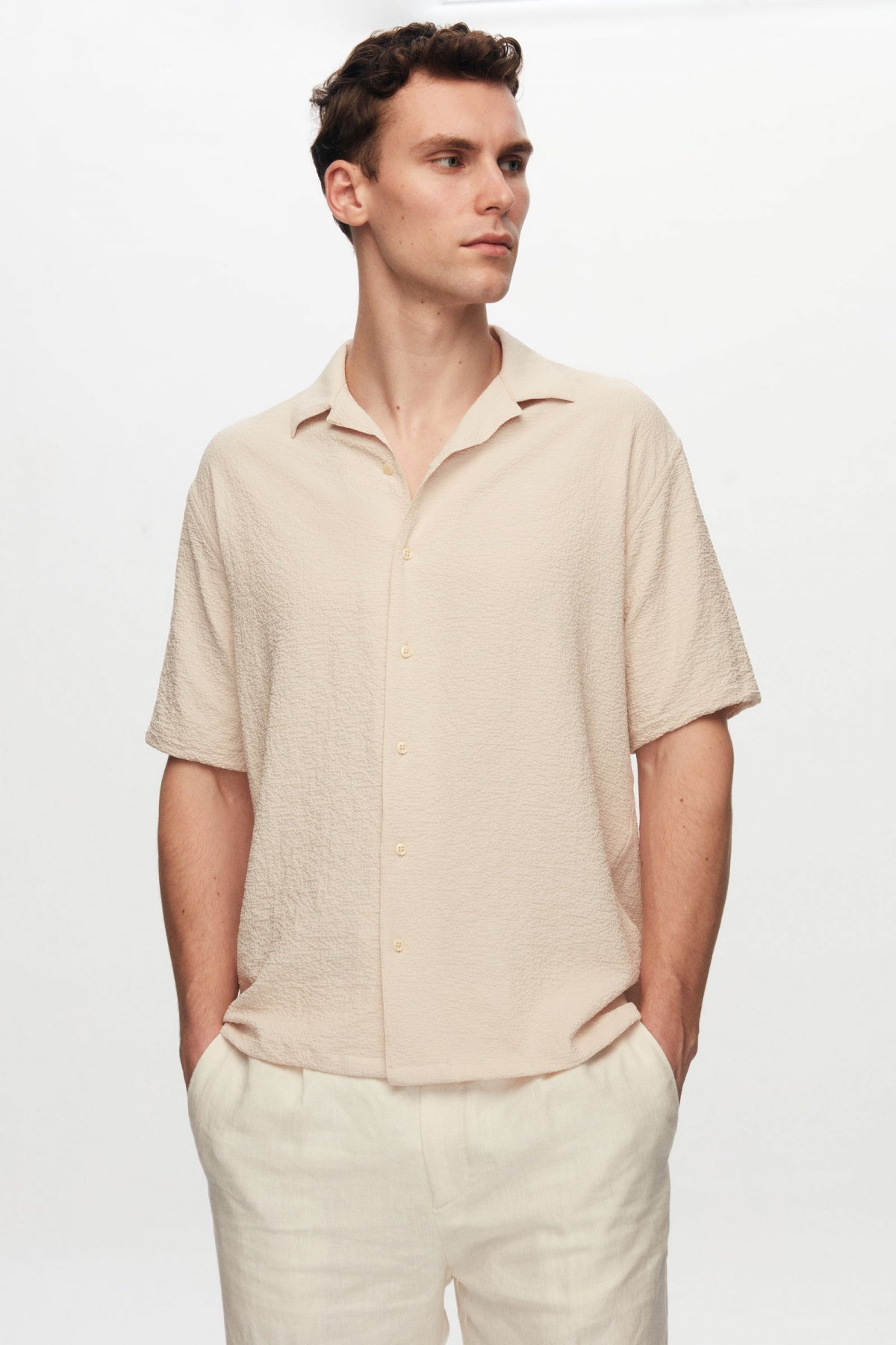 Ds Damat Relaxed Crinkled Short Sleeve Wrinkle-Free Shirt  - Beige