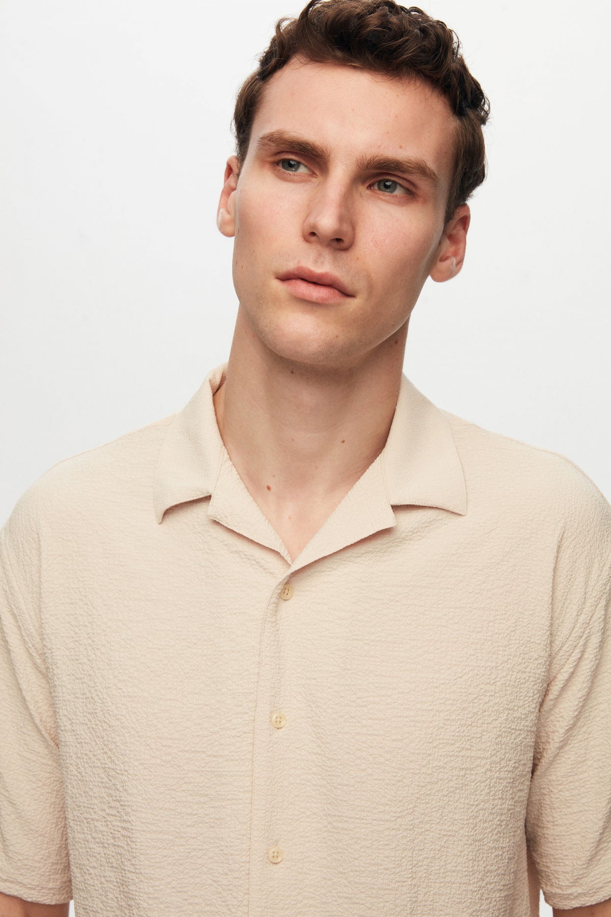 Ds Damat Relaxed Crinkled Short Sleeve Wrinkle-Free Shirt  - Beige