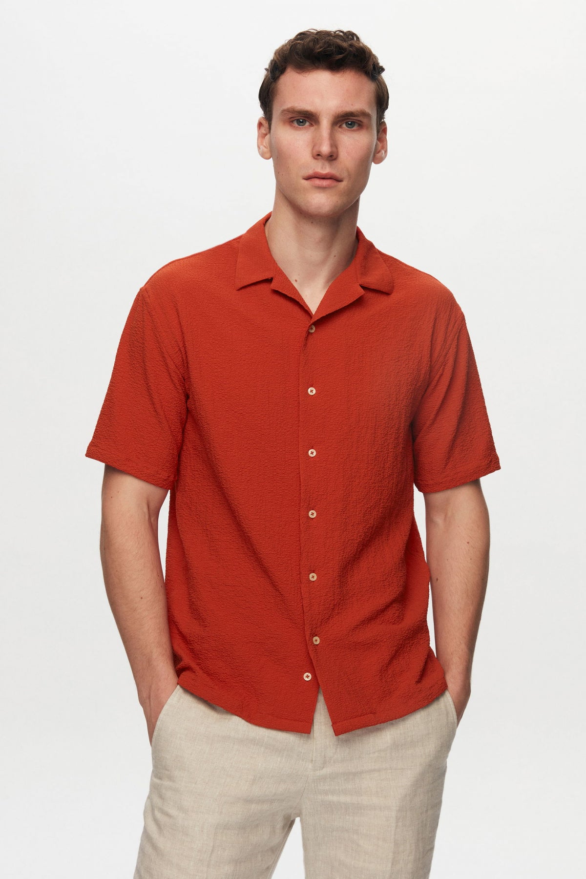 Ds Damat Relaxed Crinkled Short Sleeve Wrinkle-Free Shirt  - Brick