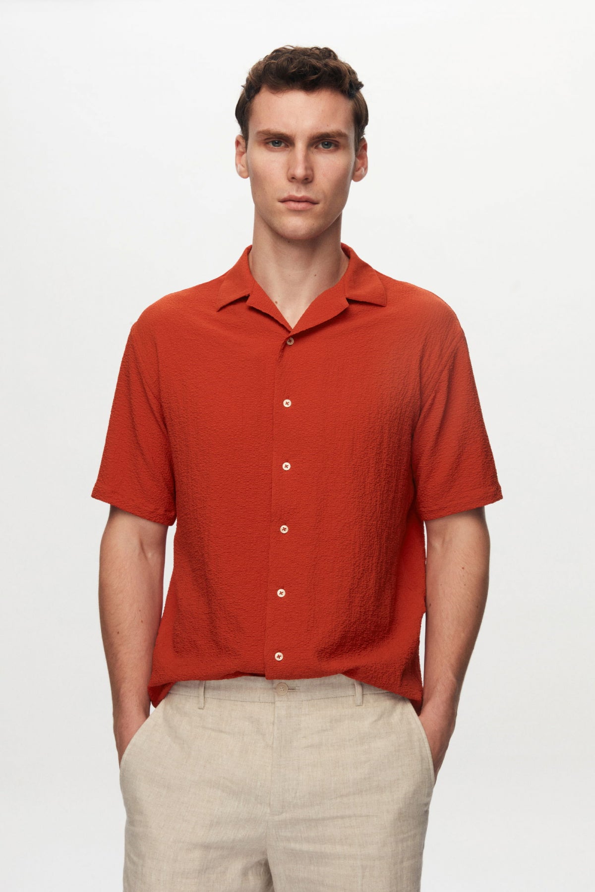 Ds Damat Relaxed Crinkled Short Sleeve Wrinkle-Free Shirt  - Brick