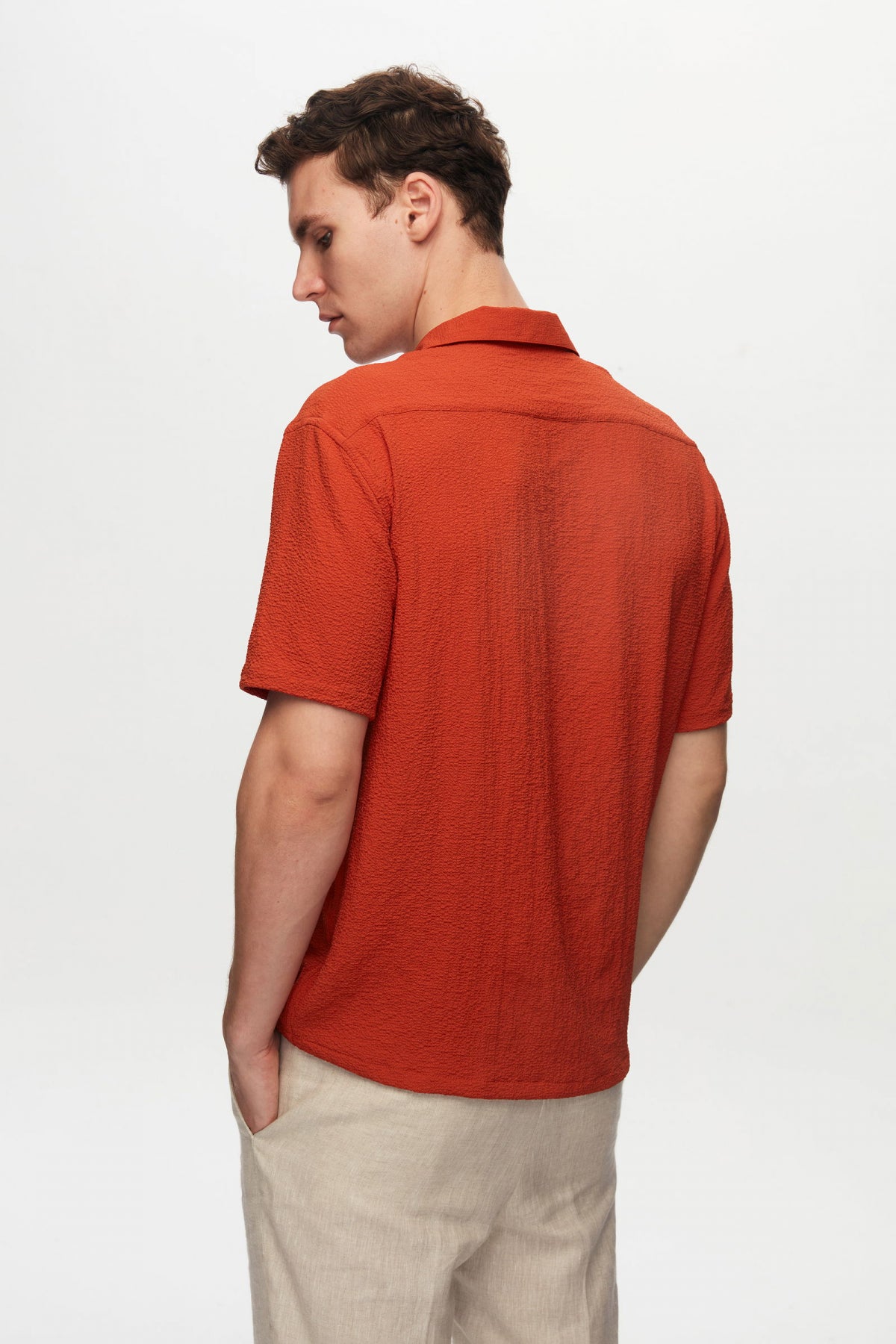 Ds Damat Relaxed Crinkled Short Sleeve Wrinkle-Free Shirt  - Brick