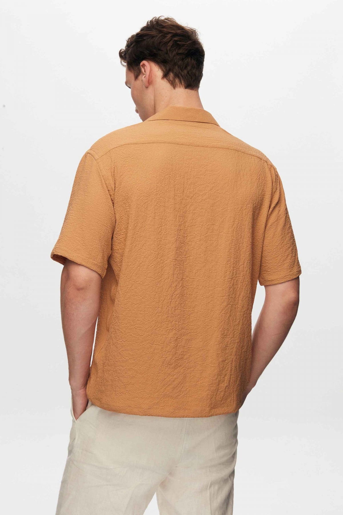 Ds Damat Relaxed Crinkled Short Sleeve Wrinkle-Free Shirt  - Camel