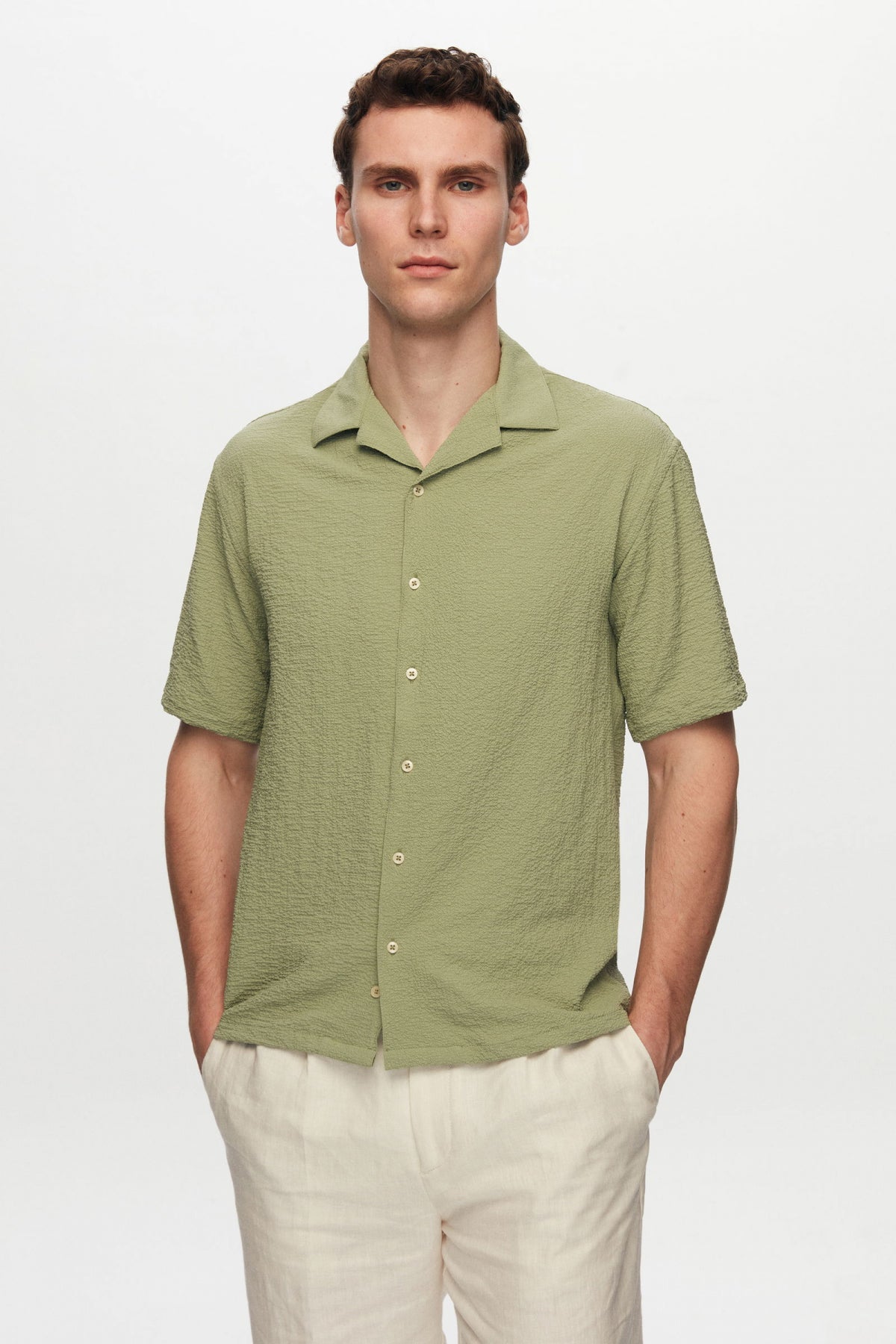 Ds Damat Relaxed Crinkled Short Sleeve Wrinkle-Free Shirt  - Green
