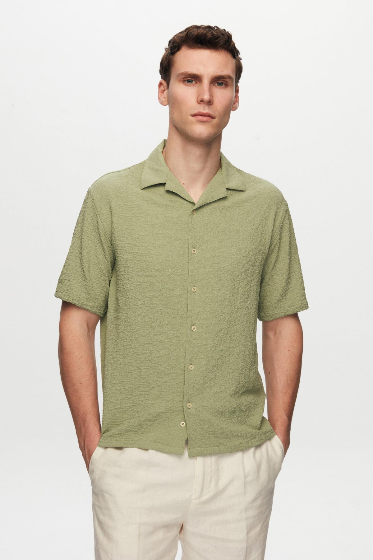 Ds Damat Relaxed Crinkled Short Sleeve Wrinkle-Free Shirt  - Green