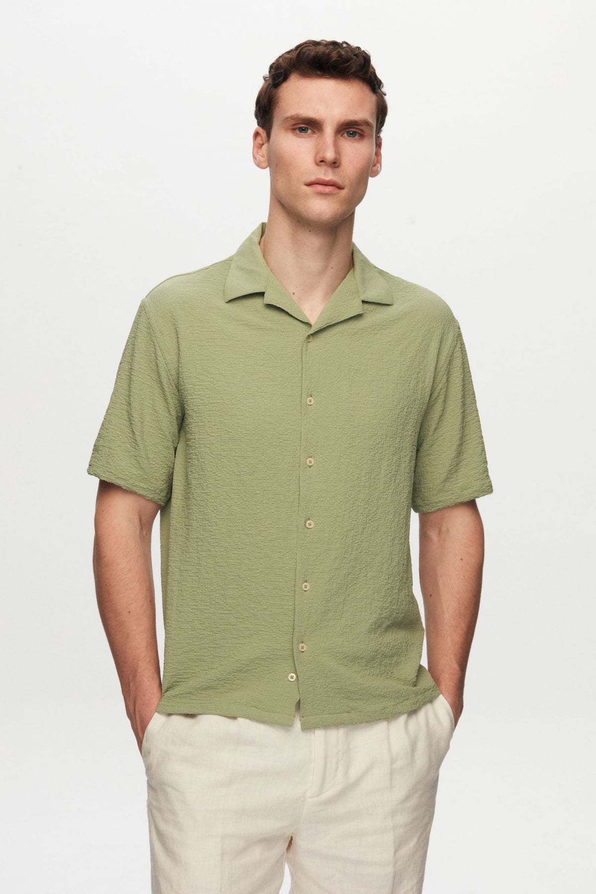Ds Damat Relaxed Crinkled Short Sleeve Wrinkle-Free Shirt  - Green