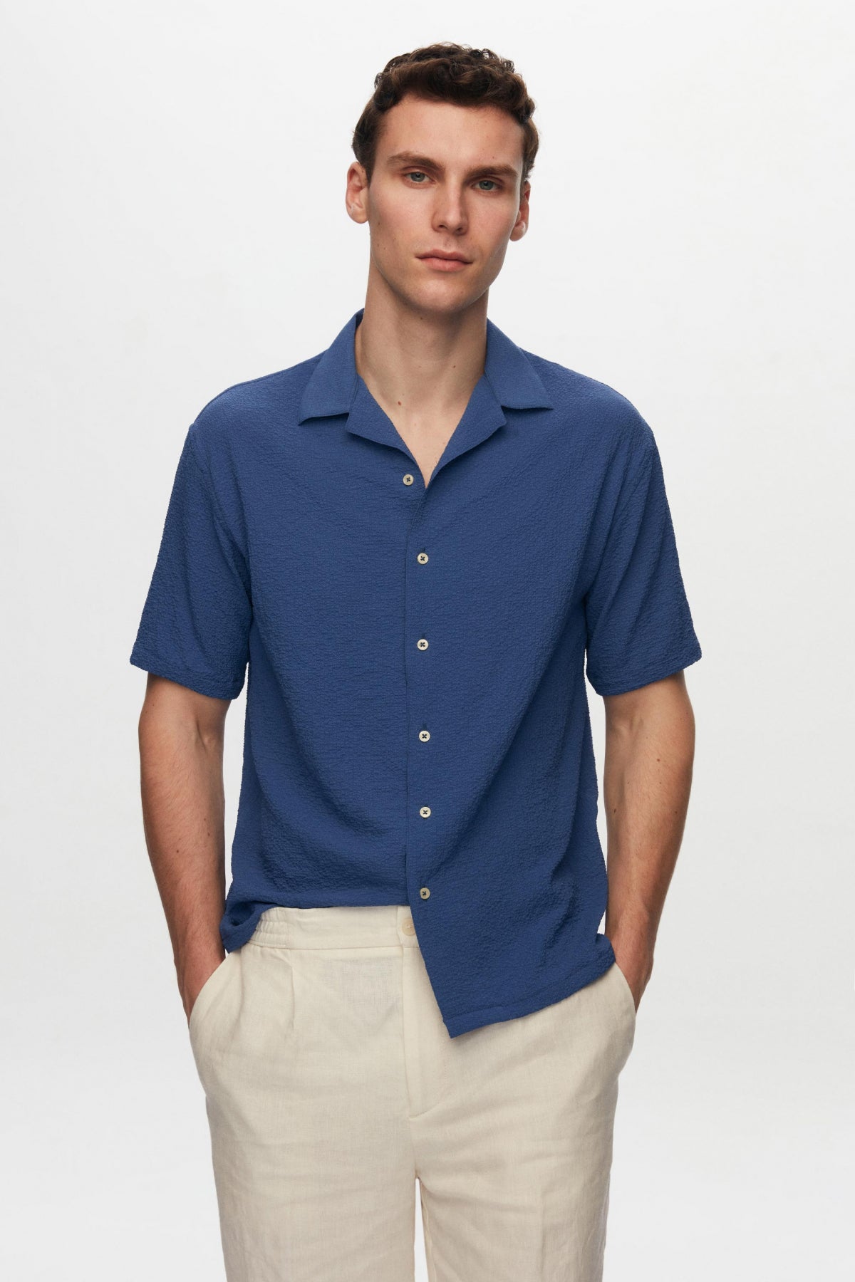 Ds Damat Relaxed Crinkled Short Sleeve Wrinkle-Free Shirt  - Indigo