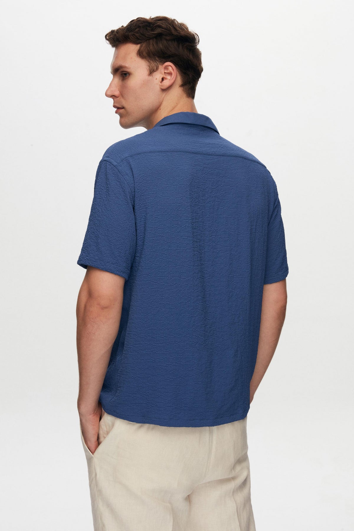 Ds Damat Relaxed Crinkled Short Sleeve Wrinkle-Free Shirt  - Indigo