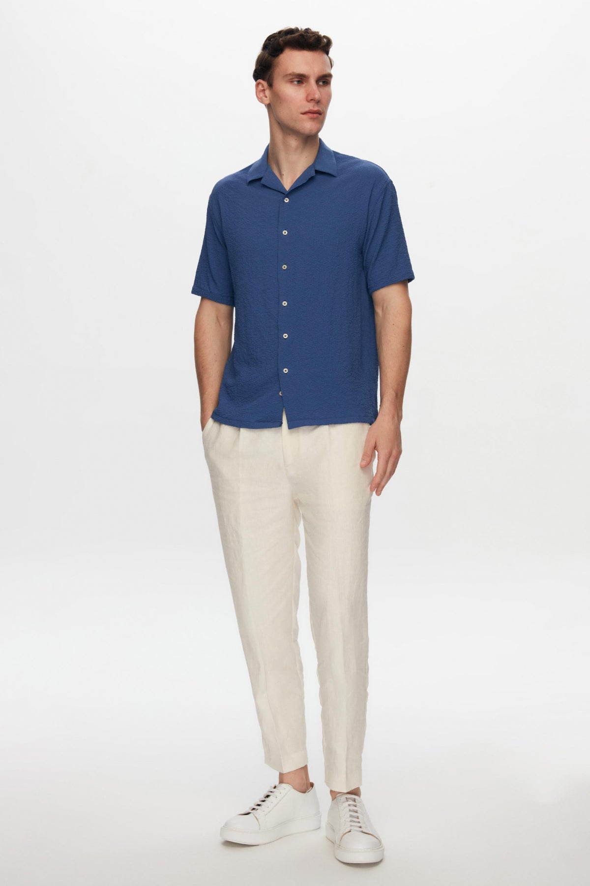 Ds Damat Relaxed Crinkled Short Sleeve Wrinkle-Free Shirt  - Indigo