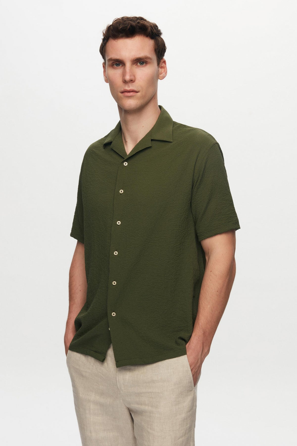 Ds Damat Relaxed Crinkled Short Sleeve Wrinkle-Free Shirt  - Khaki
