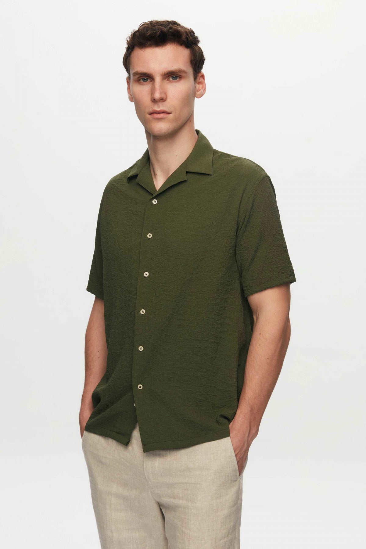 Ds Damat Relaxed Crinkled Short Sleeve Wrinkle-Free Shirt  - Khaki