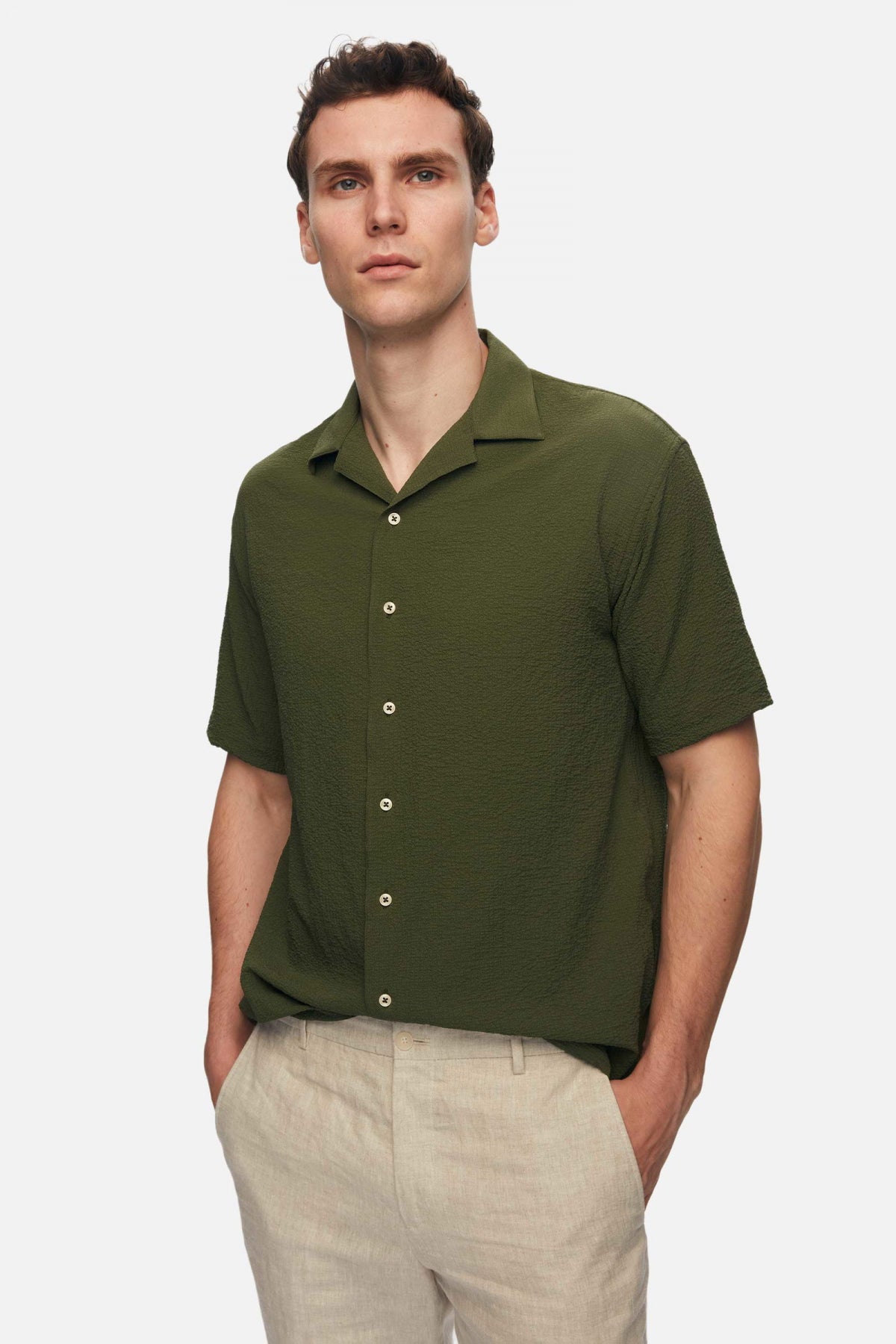 Ds Damat Relaxed Crinkled Short Sleeve Wrinkle-Free Shirt  - Khaki