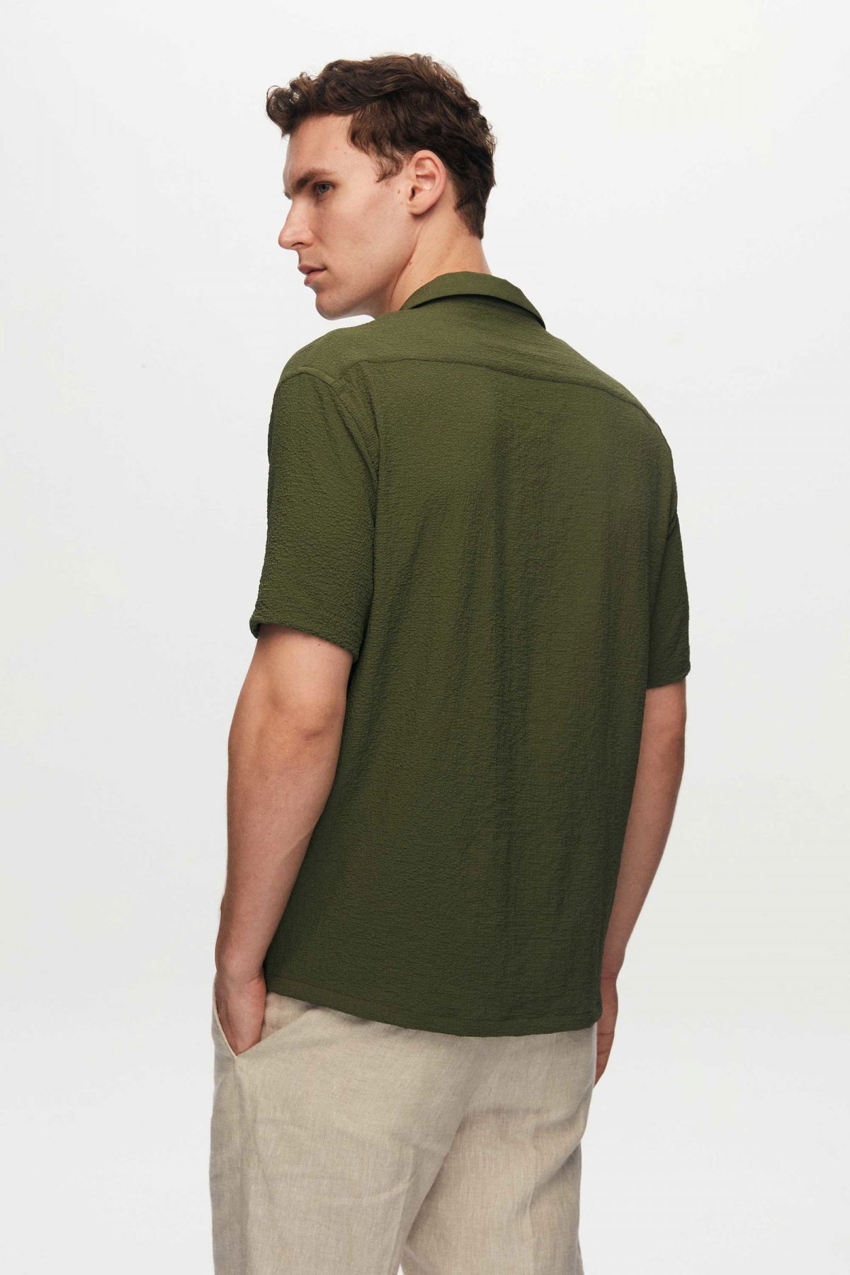 Ds Damat Relaxed Crinkled Short Sleeve Wrinkle-Free Shirt  - Khaki
