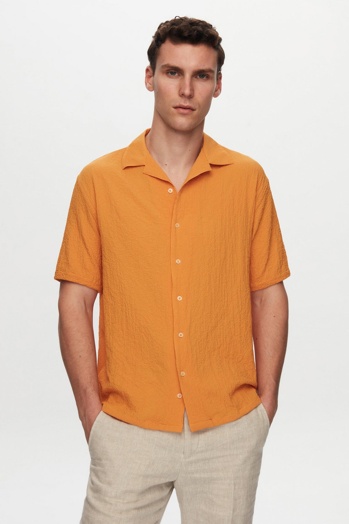 Ds Damat Relaxed Crinkled Short Sleeve Wrinkle-Free Shirt  - Orange