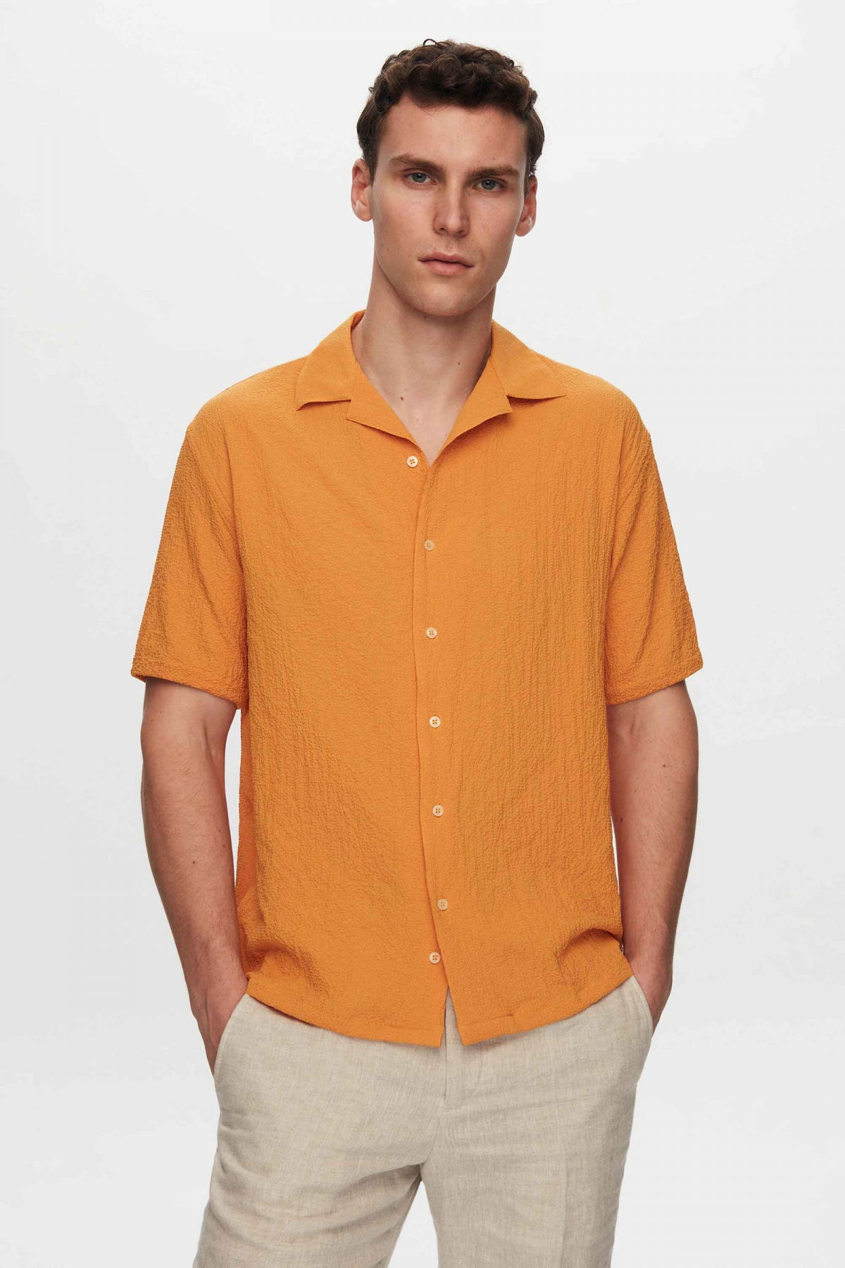 Ds Damat Relaxed Crinkled Short Sleeve Wrinkle-Free Shirt  - Orange