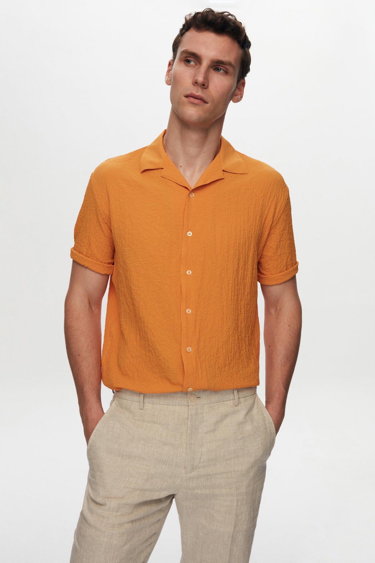 Ds Damat Relaxed Crinkled Short Sleeve Wrinkle-Free Shirt  - Orange