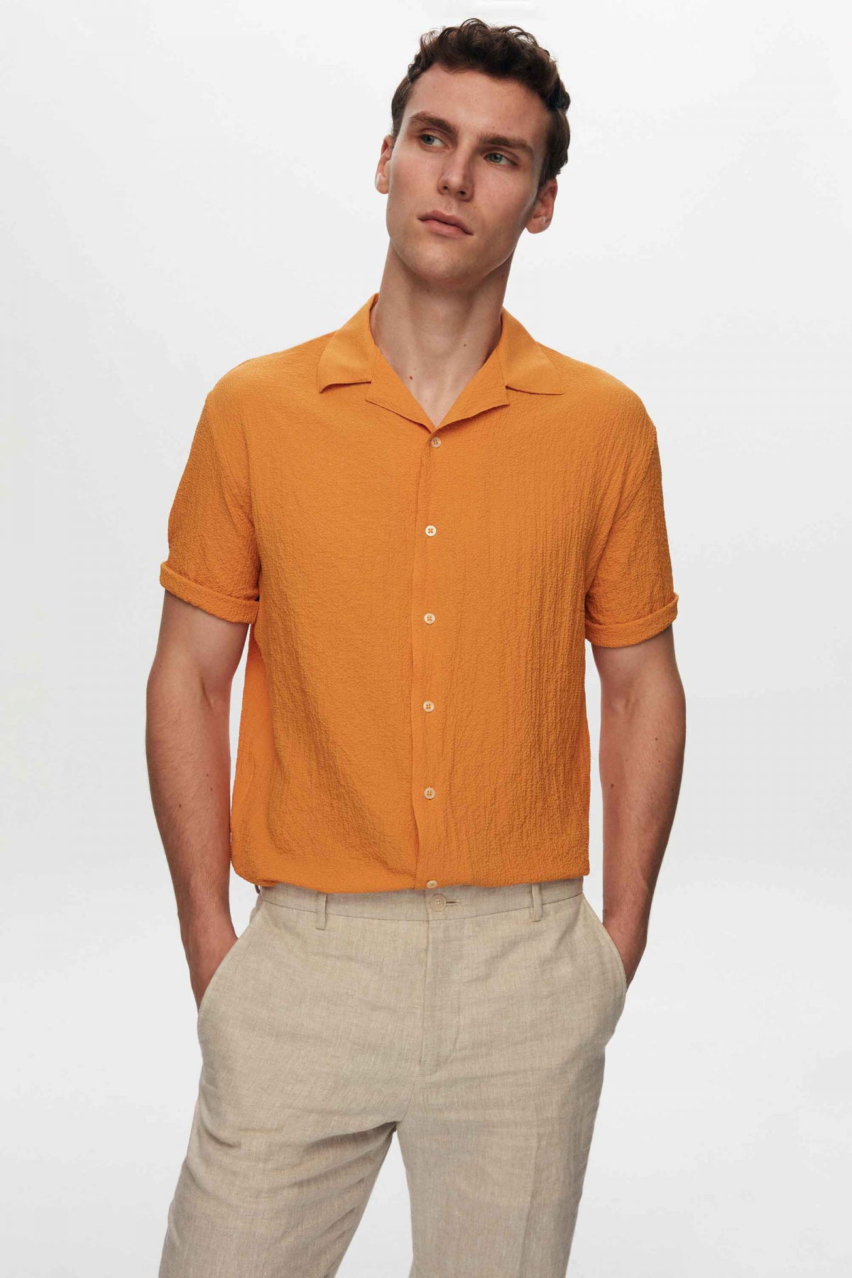 Ds Damat Relaxed Crinkled Short Sleeve Wrinkle-Free Shirt  - Orange