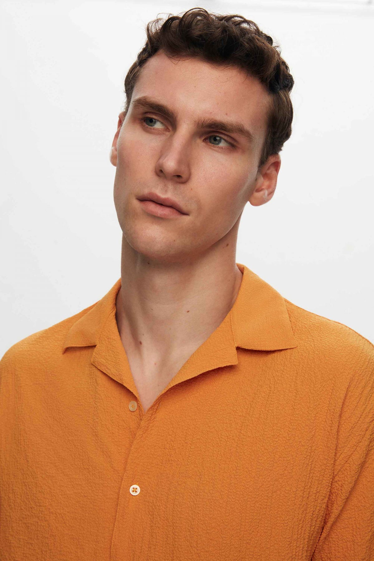 Ds Damat Relaxed Crinkled Short Sleeve Wrinkle-Free Shirt  - Orange