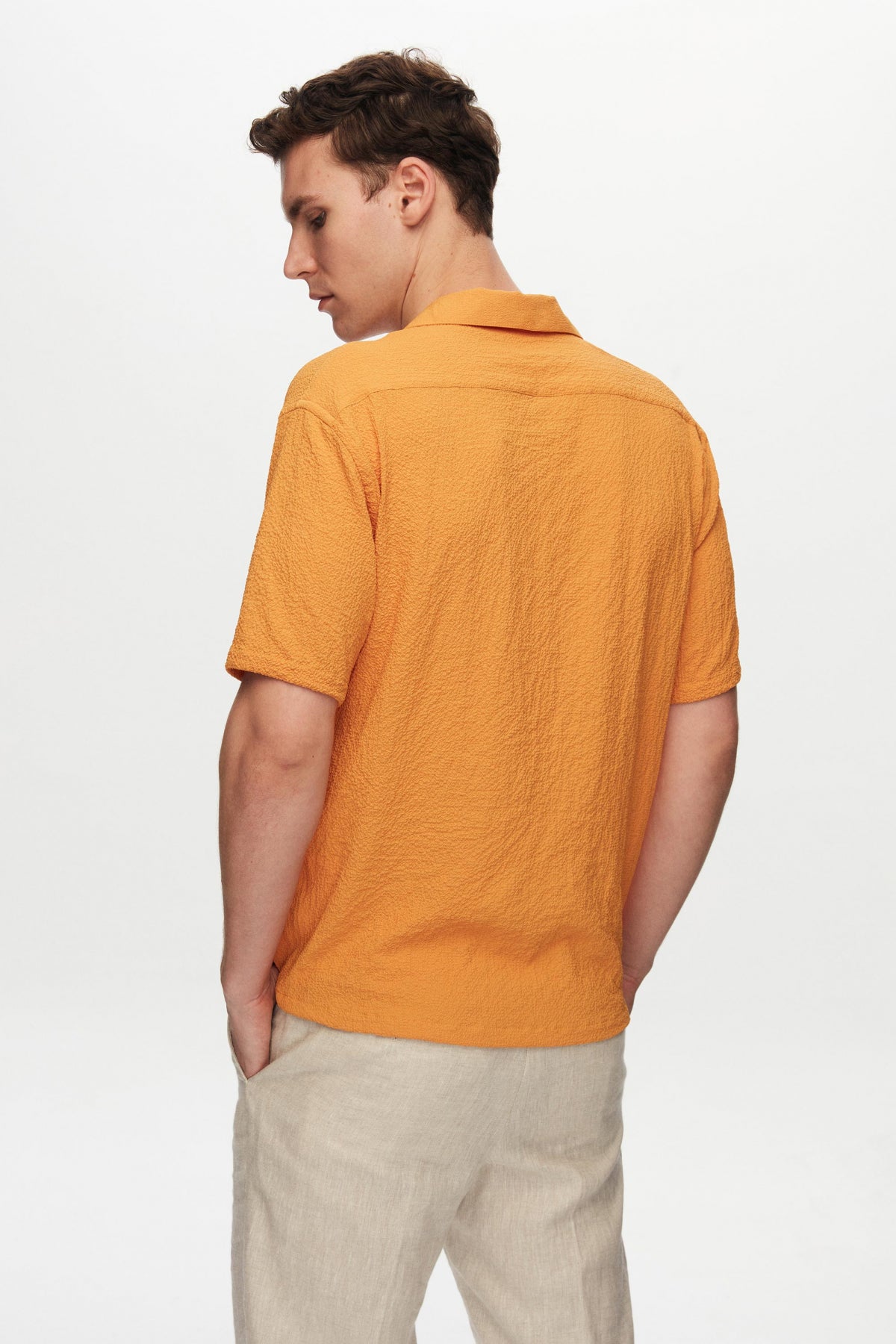 Ds Damat Relaxed Crinkled Short Sleeve Wrinkle-Free Shirt  - Orange