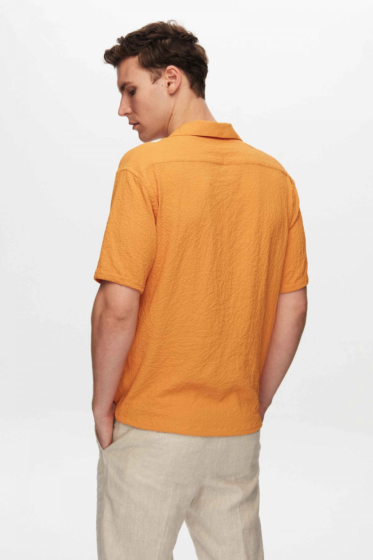 Ds Damat Relaxed Crinkled Short Sleeve Wrinkle-Free Shirt  - Orange