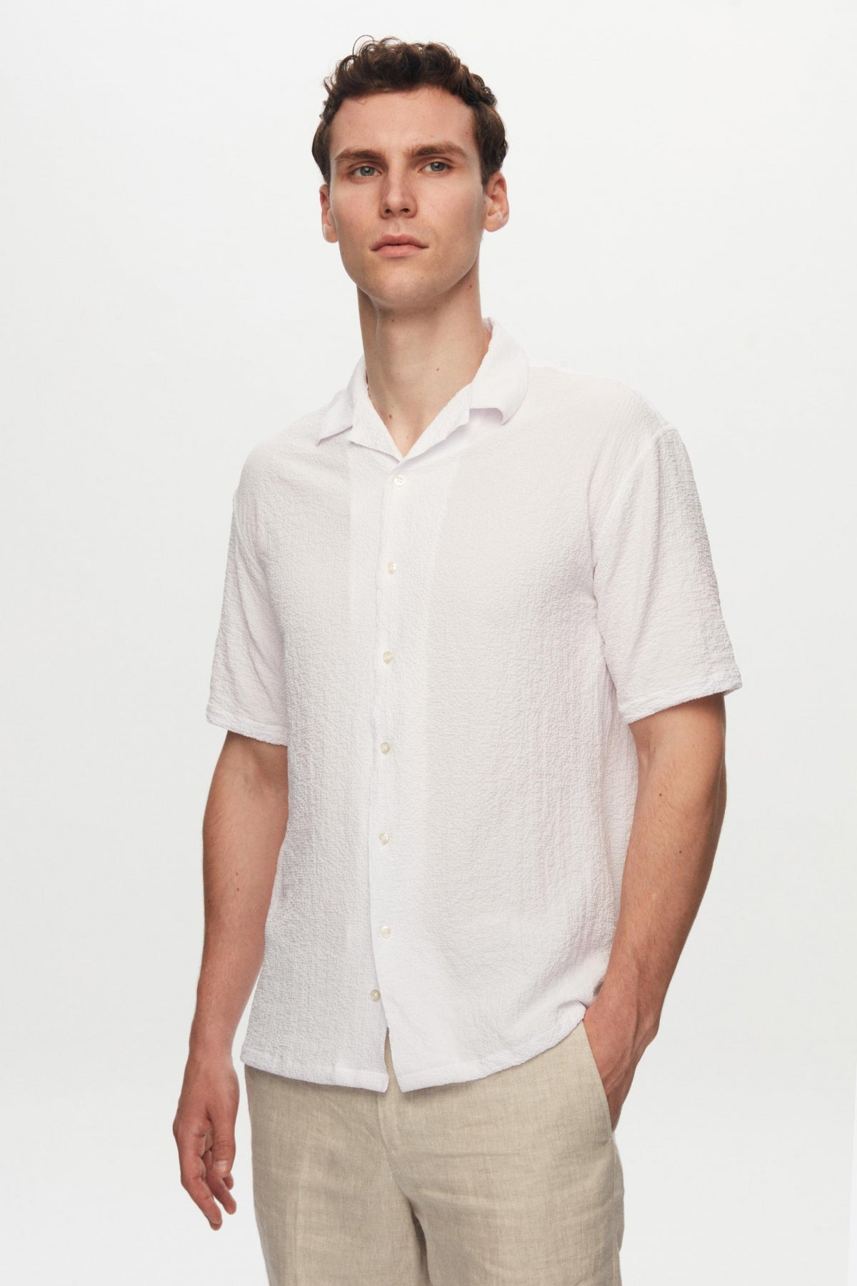 Ds Damat Relaxed Crinkled Short Sleeve Wrinkle-Free Shirt  - White