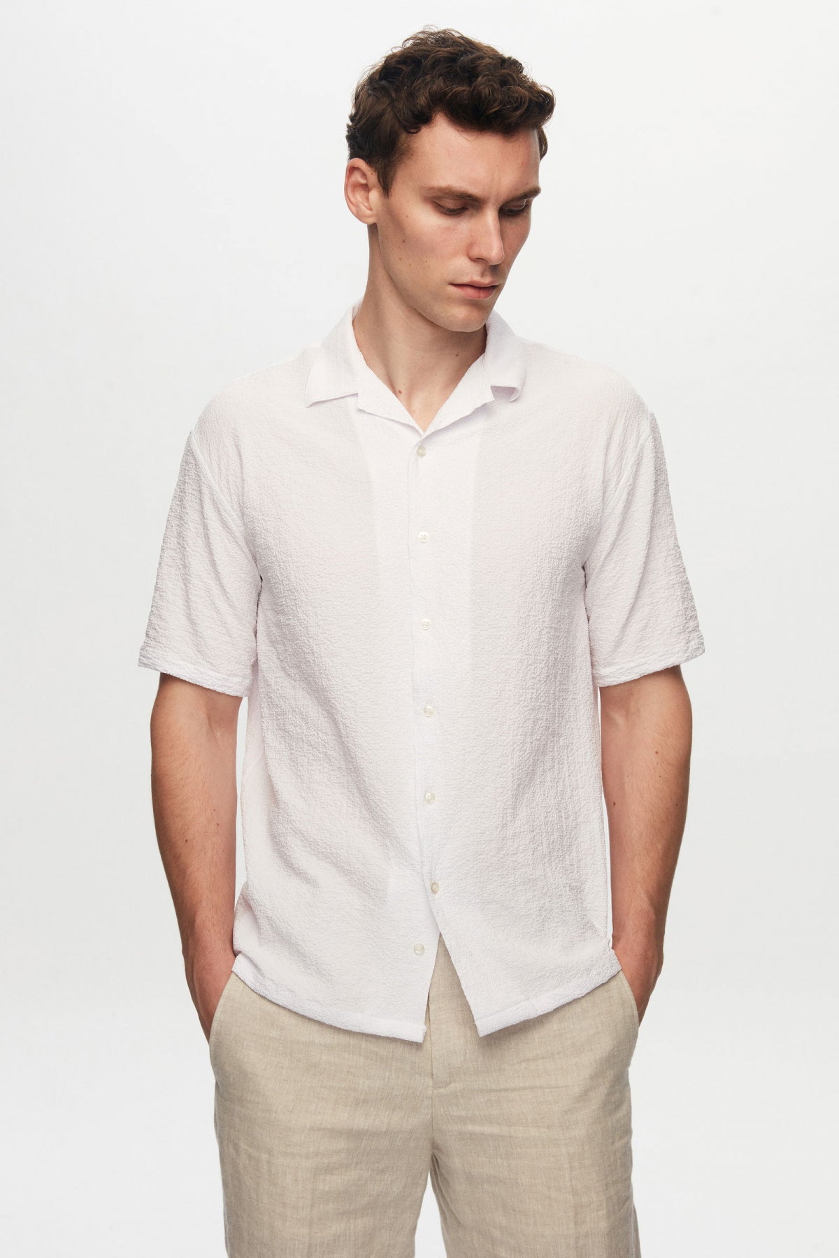 Ds Damat Relaxed Crinkled Short Sleeve Wrinkle-Free Shirt  - White