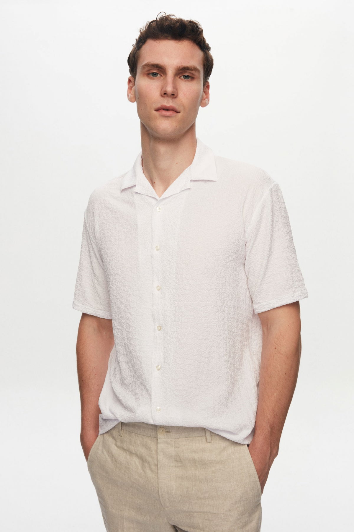 Ds Damat Relaxed Crinkled Short Sleeve Wrinkle-Free Shirt  - White
