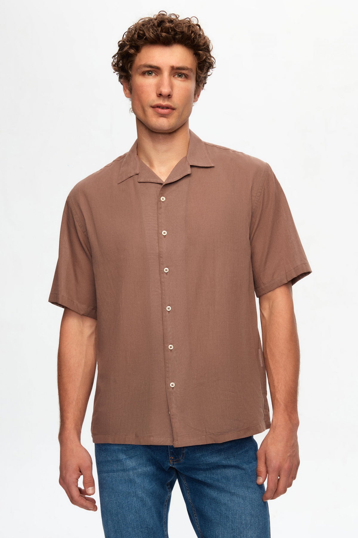 Ds Damat Relaxed Plain Cotton Linen-Look Explorer Collar Summer Shirt  - Brown