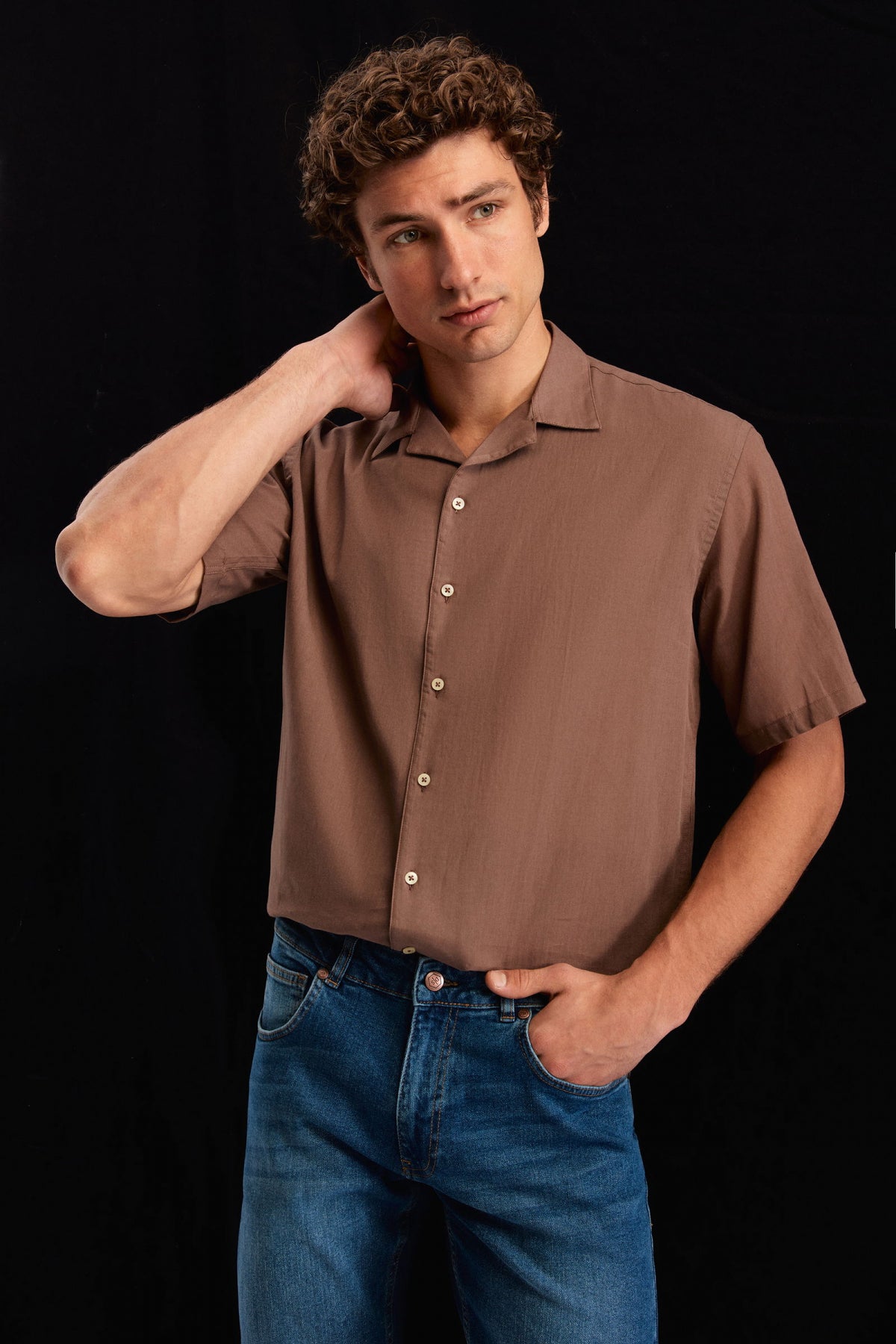 Ds Damat Relaxed Plain Cotton Linen-Look Explorer Collar Summer Shirt  - Brown