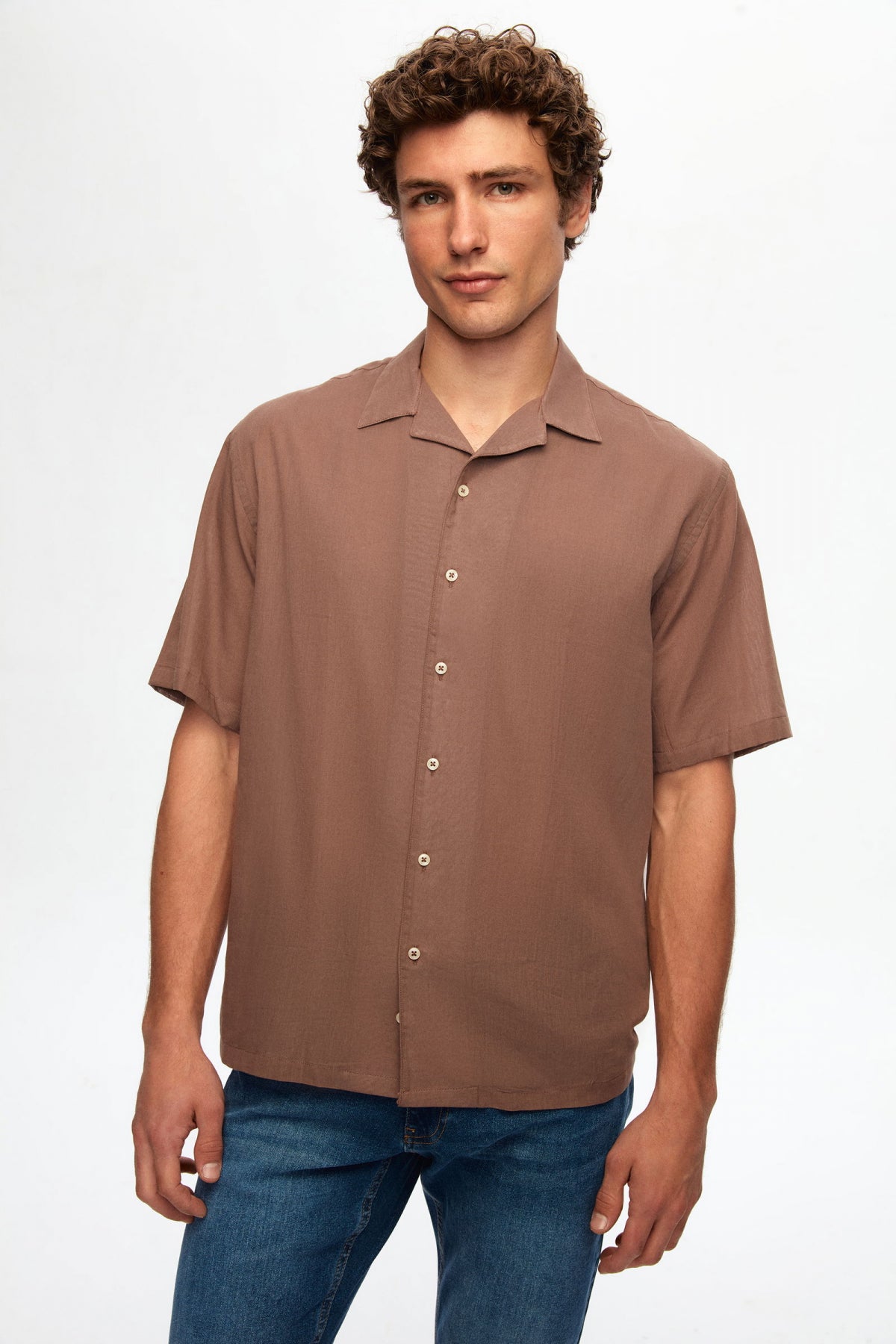 Ds Damat Relaxed Plain Cotton Linen-Look Explorer Collar Summer Shirt  - Brown