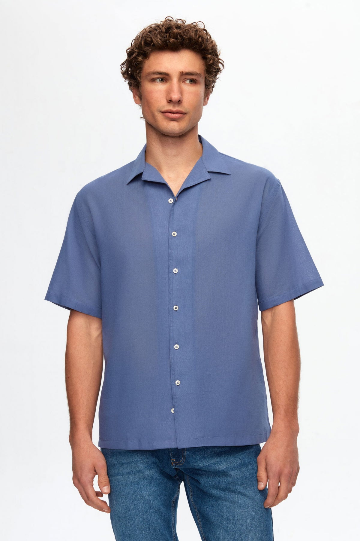 Ds Damat Relaxed Plain Cotton Linen-Look Explorer Collar Summer Shirt  - Indigo
