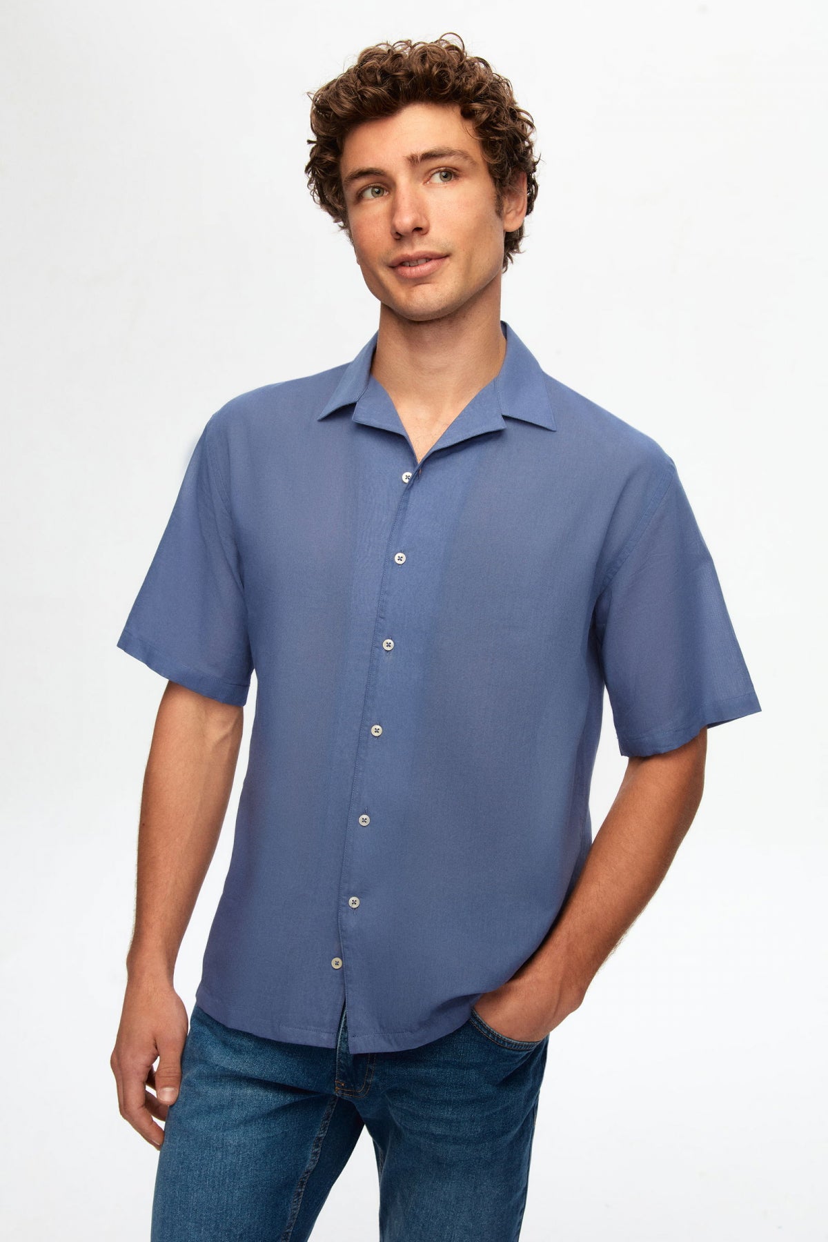 Ds Damat Relaxed Plain Cotton Linen-Look Explorer Collar Summer Shirt  - Indigo
