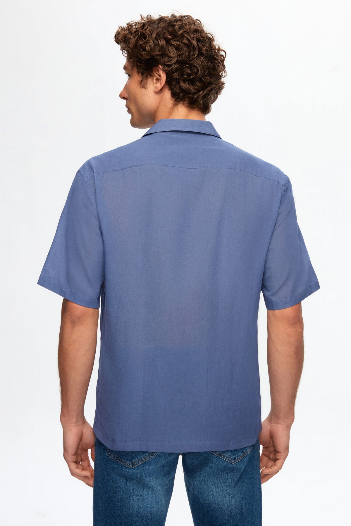 Ds Damat Relaxed Plain Cotton Linen-Look Explorer Collar Summer Shirt  - Indigo