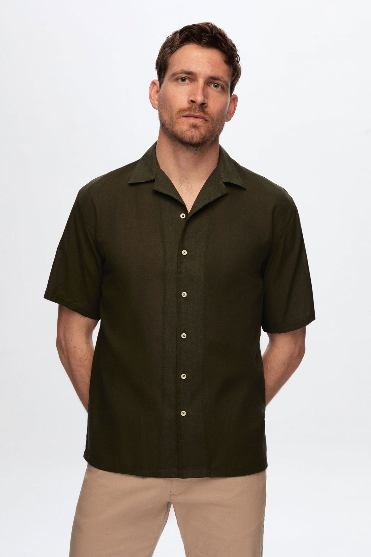 Ds Damat Relaxed Plain Cotton Linen-Look Explorer Collar Summer Shirt  - Khaki