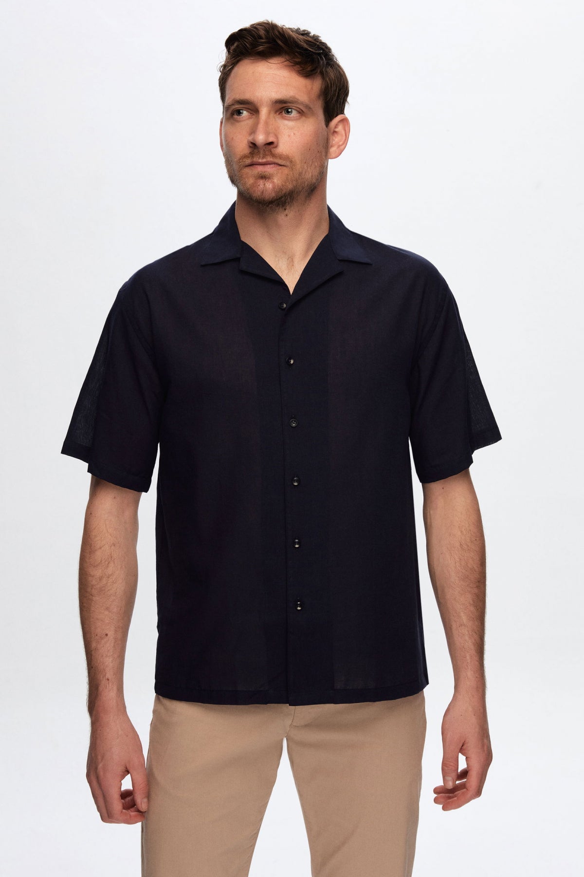 Ds Damat Relaxed Plain Cotton Linen-Look Explorer Collar Summer Shirt  - Navy Blue