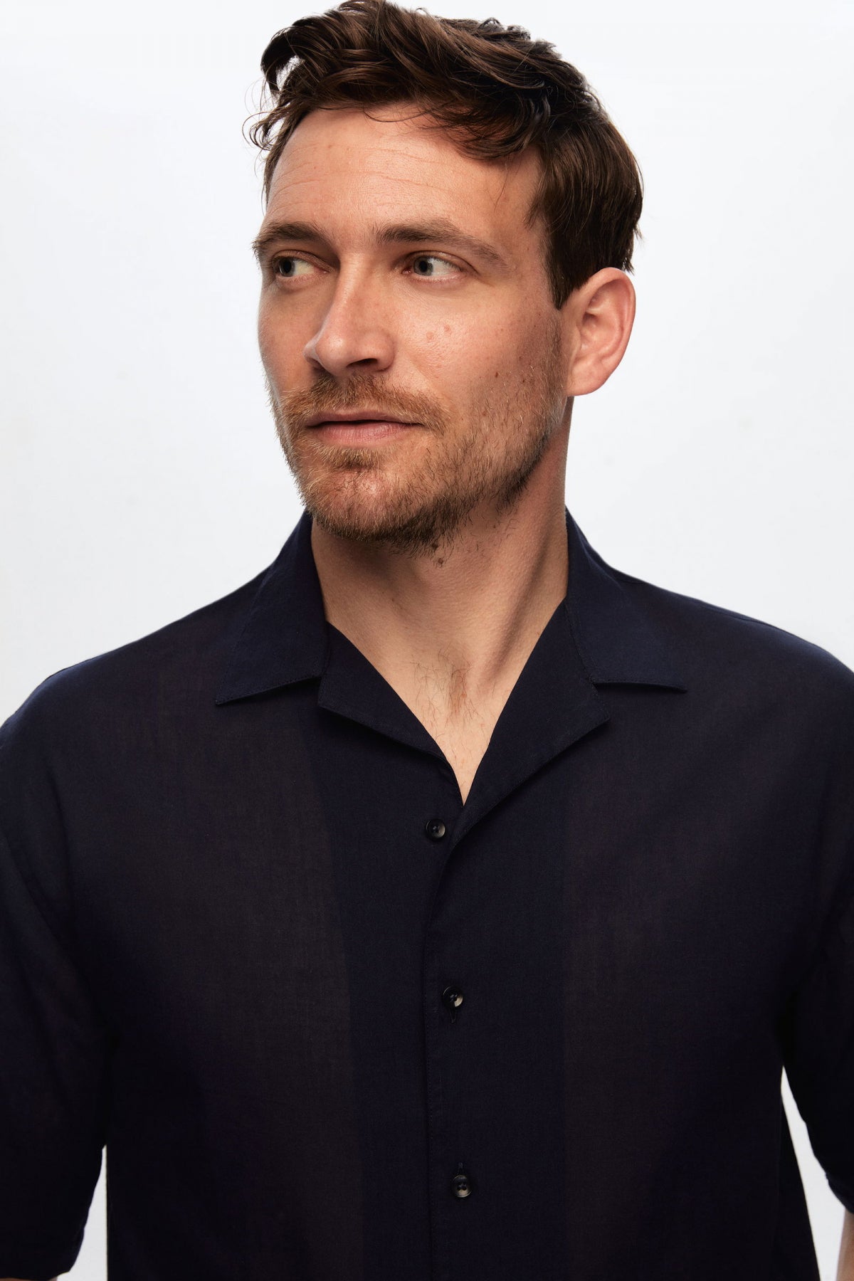 Ds Damat Relaxed Plain Cotton Linen-Look Explorer Collar Summer Shirt  - Navy Blue