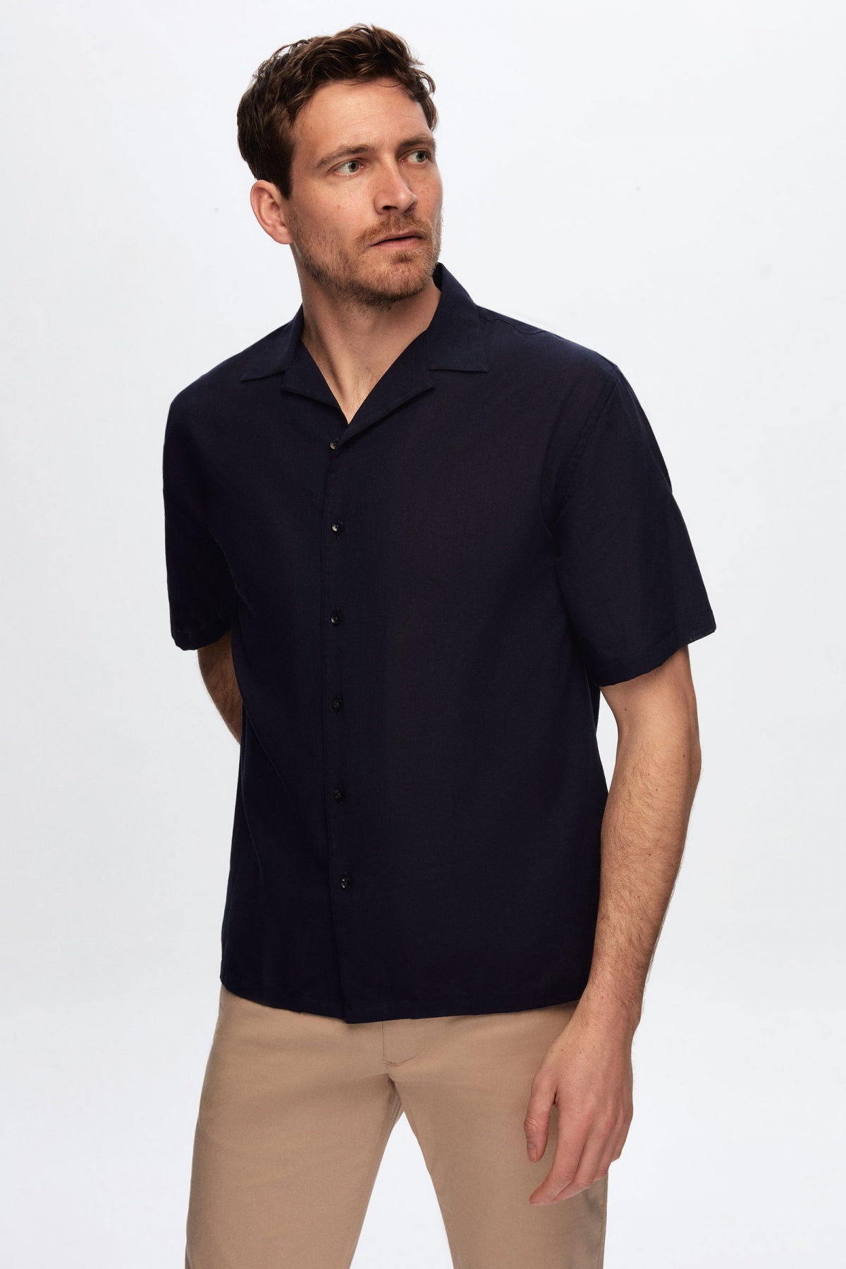 Ds Damat Relaxed Plain Cotton Linen-Look Explorer Collar Summer Shirt  - Navy Blue