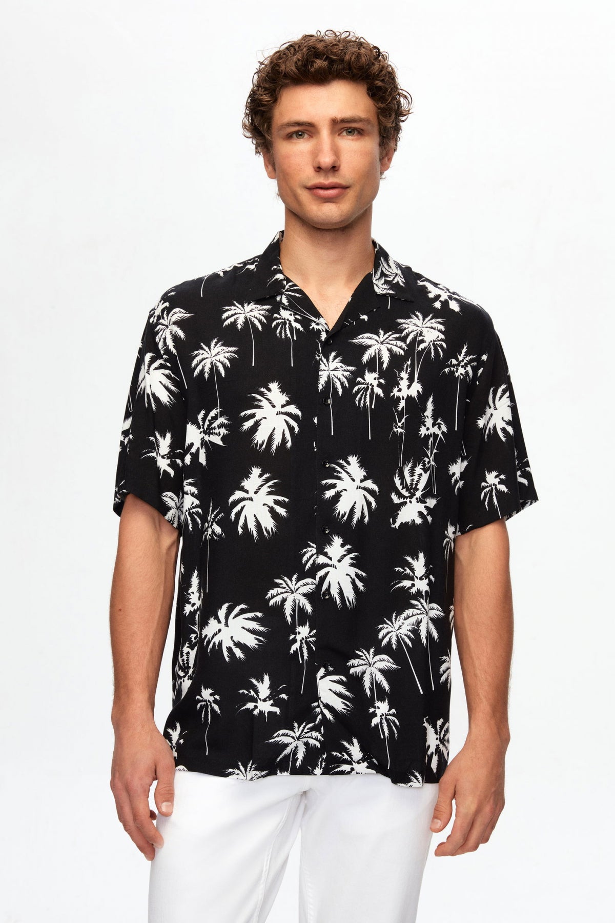 Ds Damat Relaxed Printed Palm Pattern Short Sleeve Summer Viscose Shirt  - Black