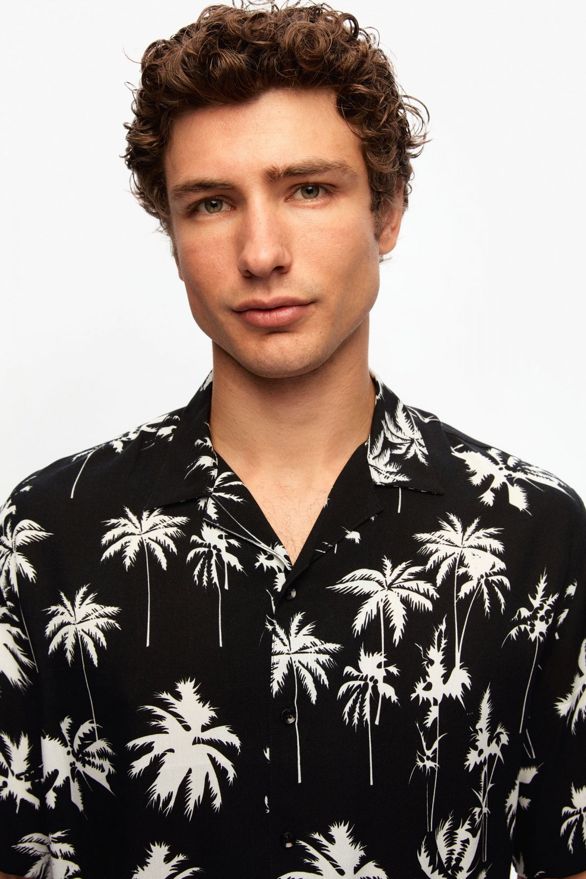 Ds Damat Relaxed Printed Palm Pattern Short Sleeve Summer Viscose Shirt  - Black
