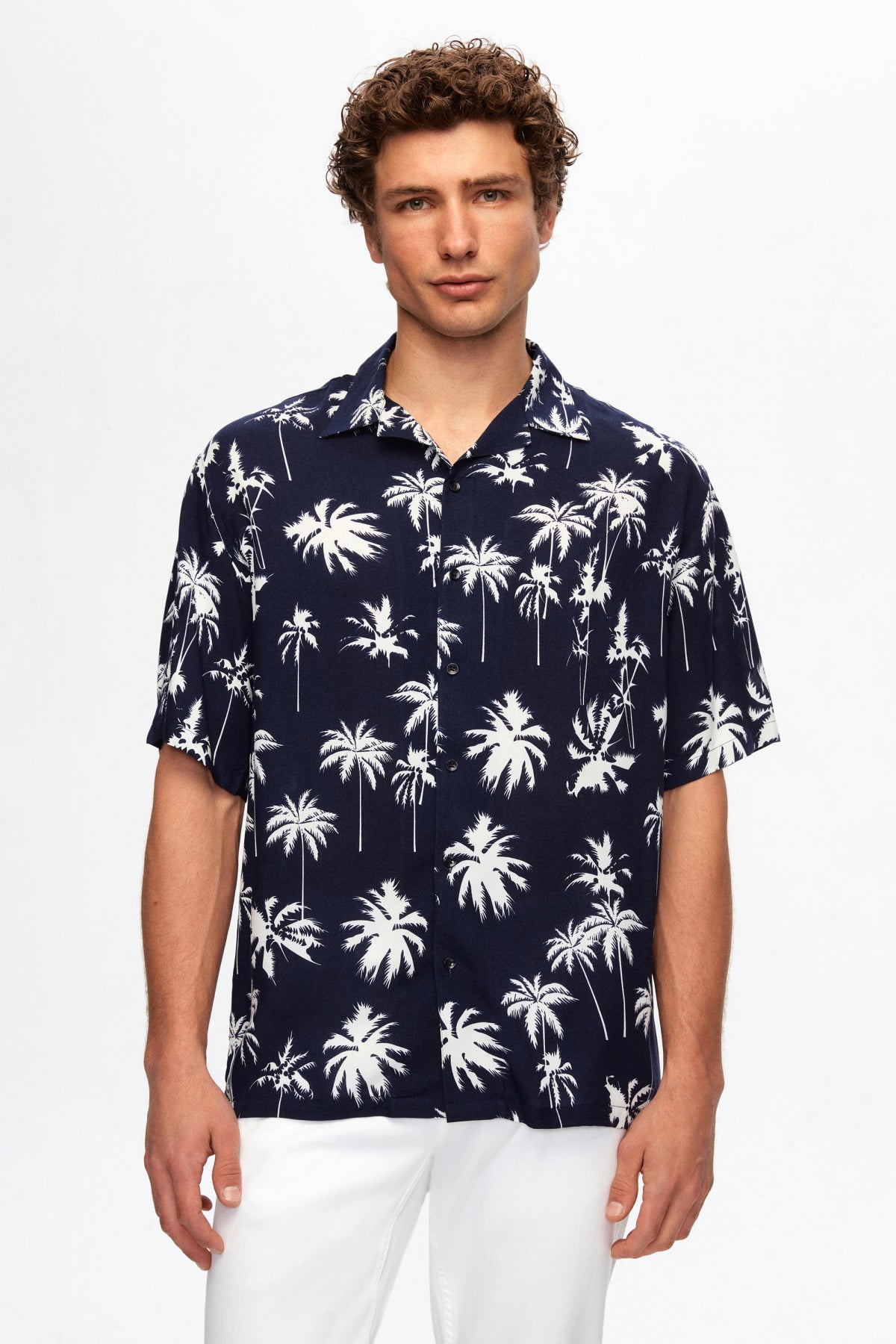 Ds Damat Relaxed Printed Palm Pattern Short Sleeve Summer Viscose Shirt  - Navy Blue