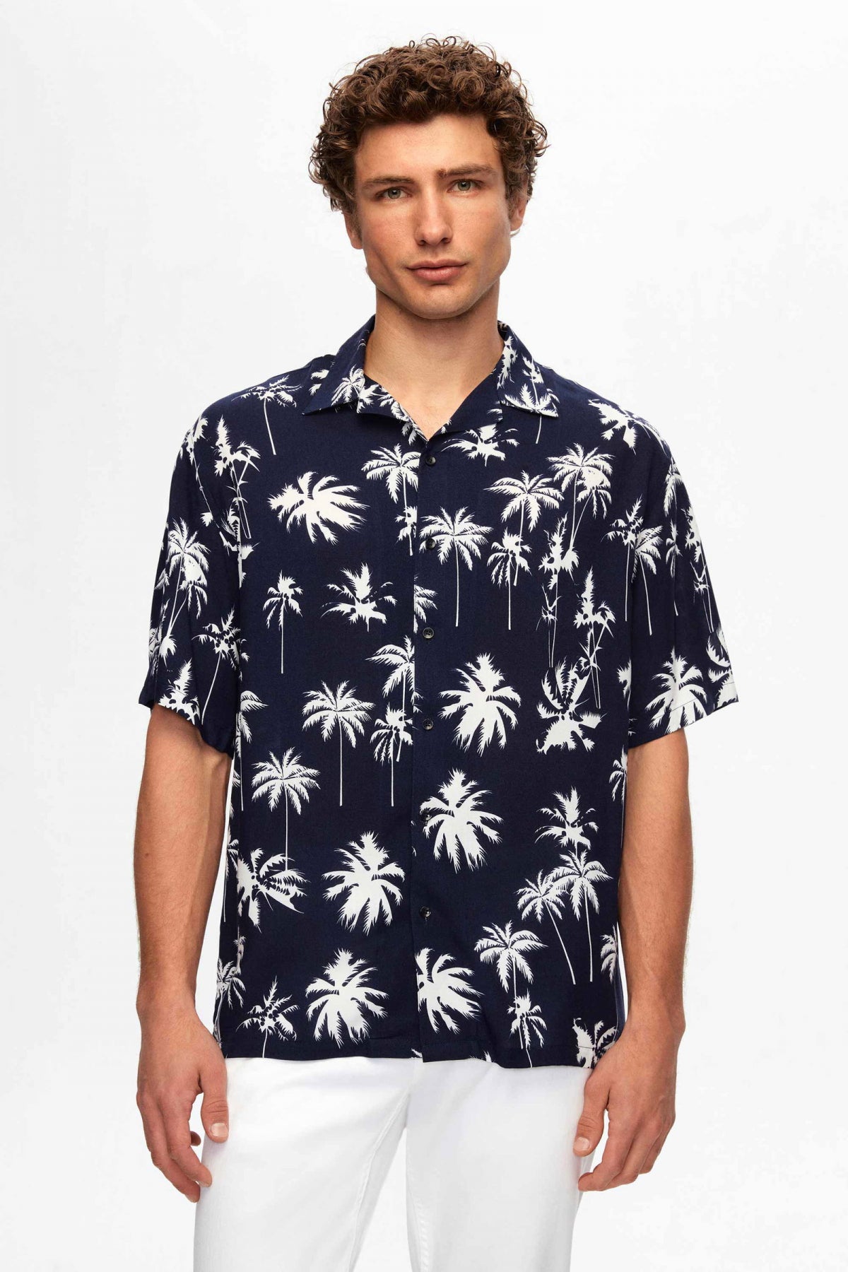 Ds Damat Relaxed Printed Palm Pattern Short Sleeve Summer Viscose Shirt  - Navy Blue