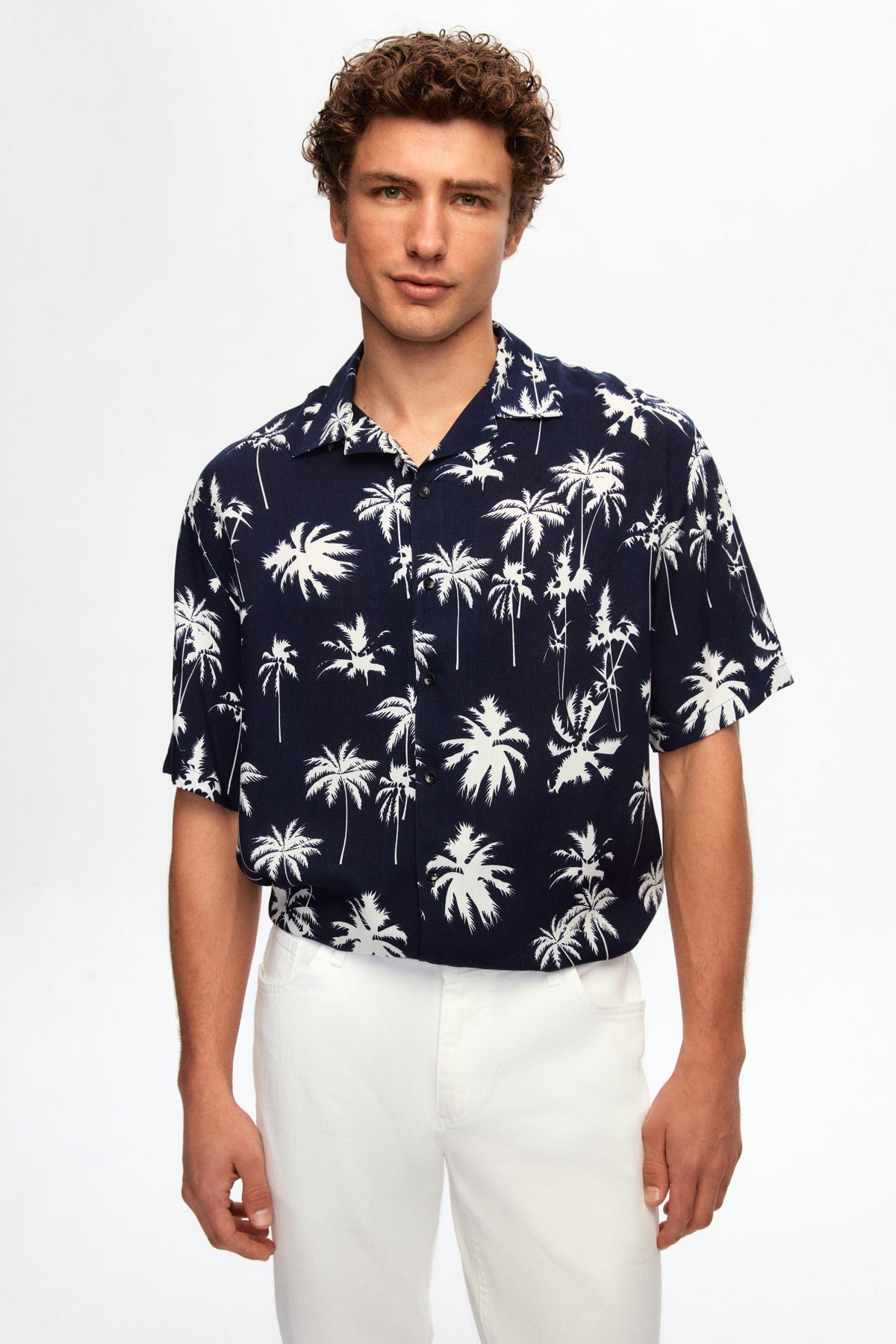 Ds Damat Relaxed Printed Palm Pattern Short Sleeve Summer Viscose Shirt  - Navy Blue