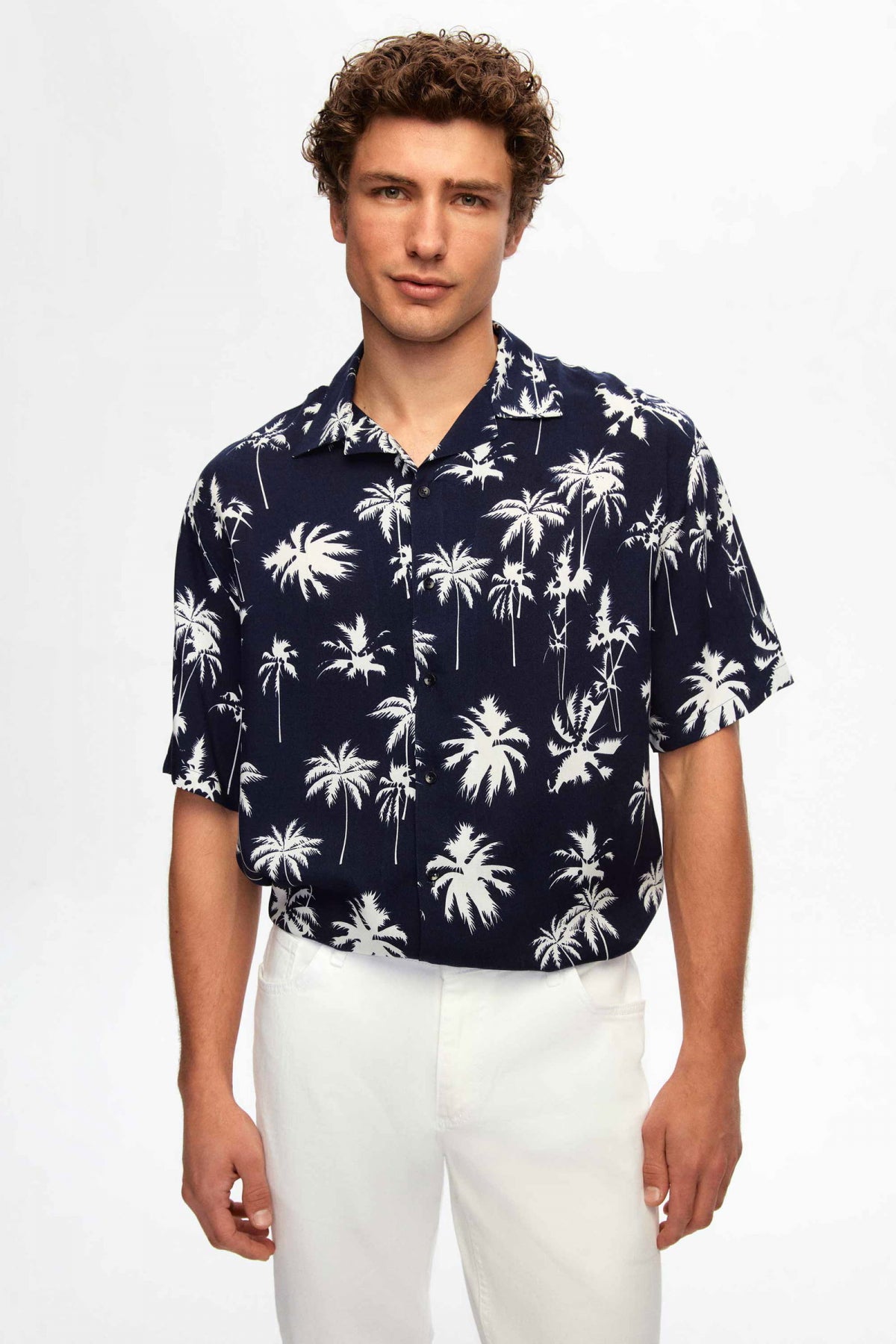 Ds Damat Relaxed Printed Palm Pattern Short Sleeve Summer Viscose Shirt  - Navy Blue