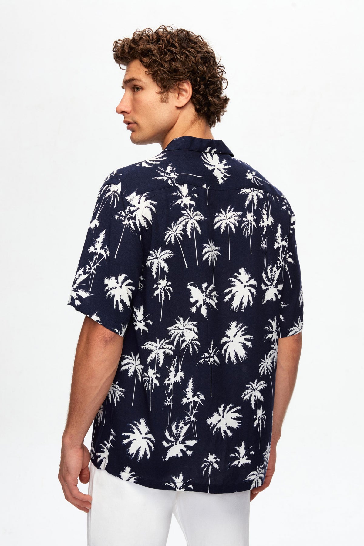 Ds Damat Relaxed Printed Palm Pattern Short Sleeve Summer Viscose Shirt  - Navy Blue