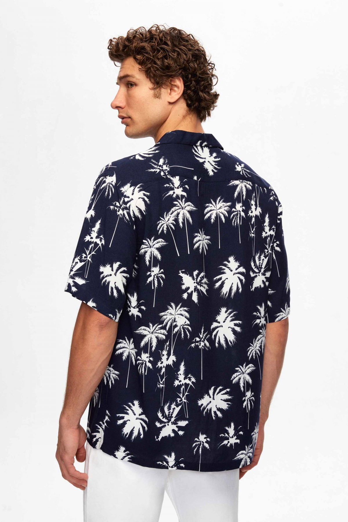 Ds Damat Relaxed Printed Palm Pattern Short Sleeve Summer Viscose Shirt  - Navy Blue
