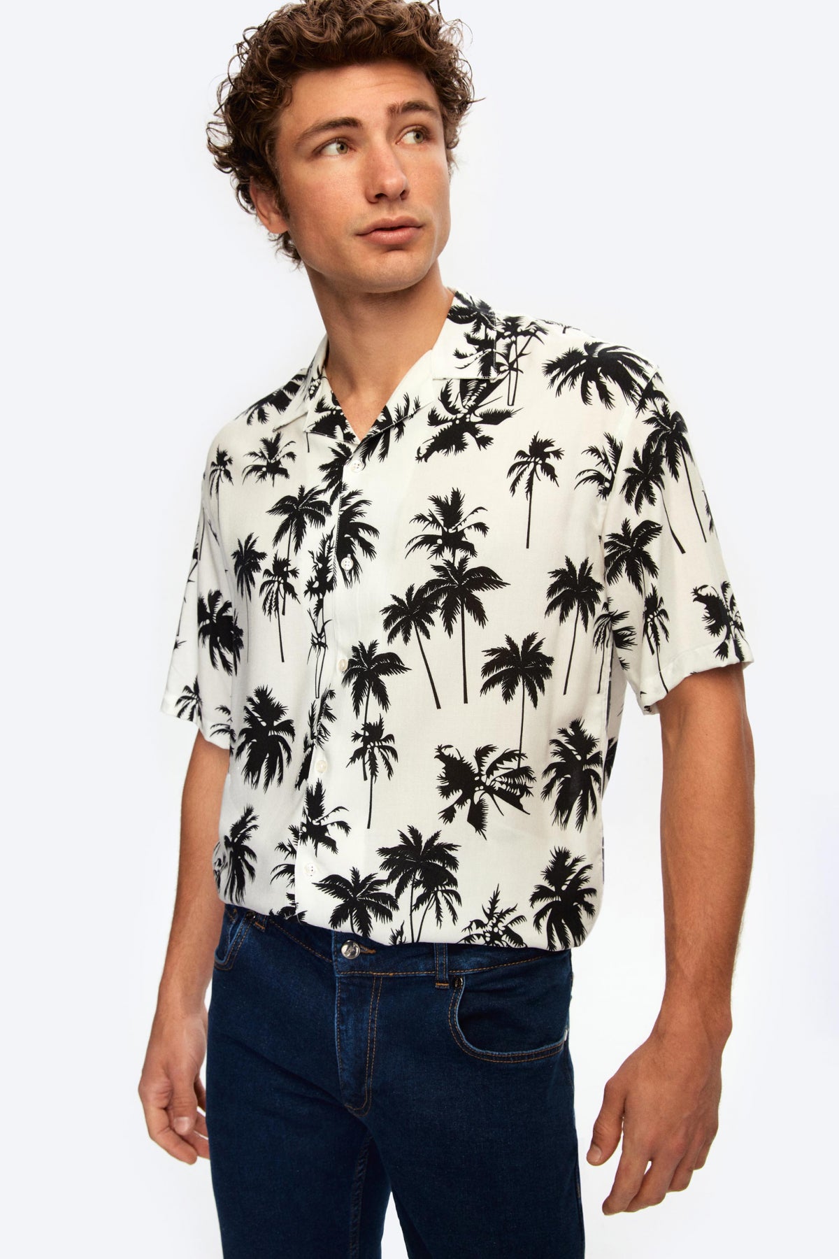 Ds Damat Relaxed Printed Palm Pattern Short Sleeve Summer Viscose Shirt  - Red