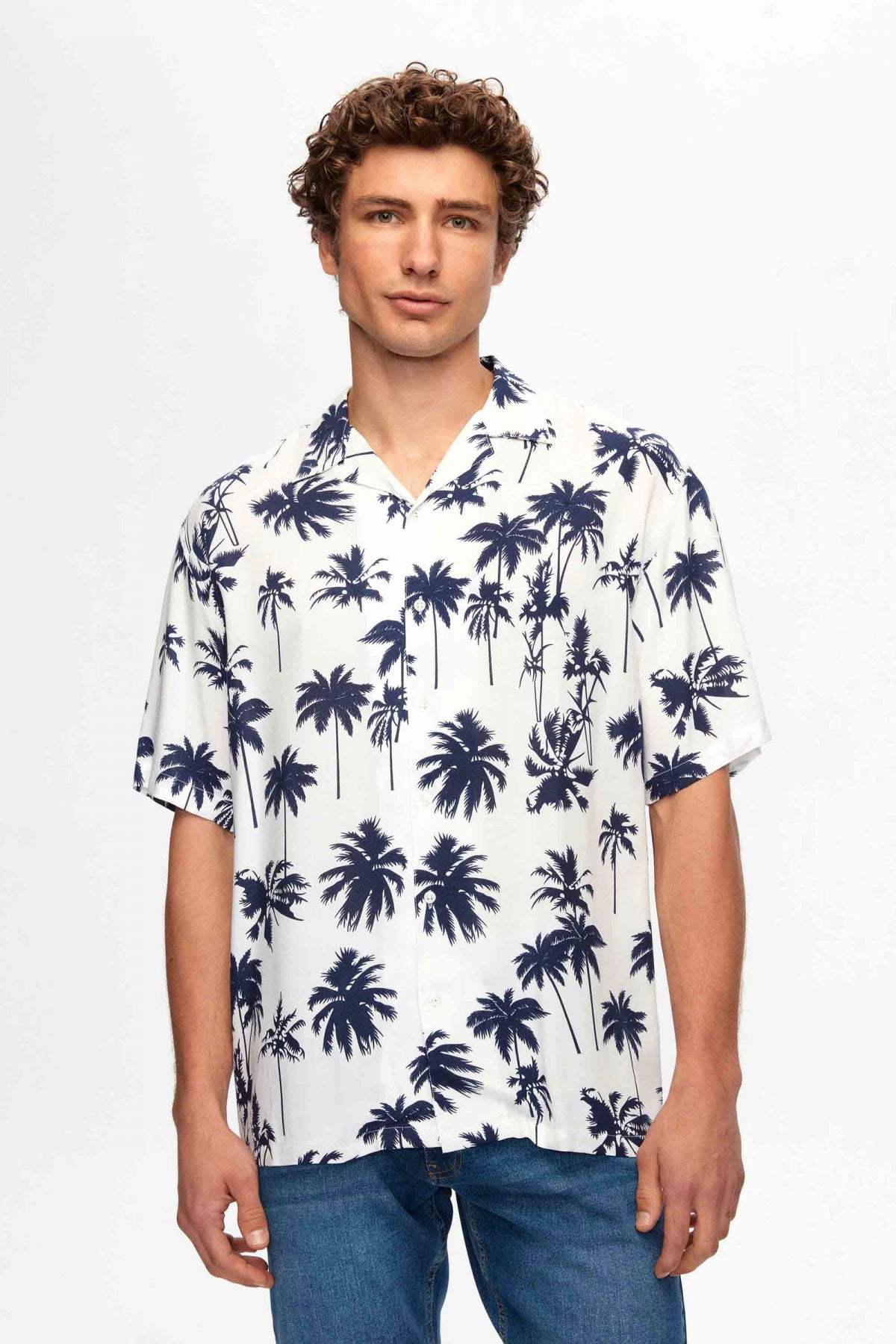 Ds Damat Relaxed Printed Palm Pattern Short Sleeve Summer Viscose Shirt  - White