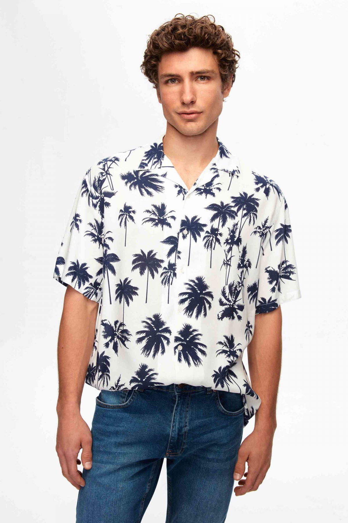 Ds Damat Relaxed Printed Palm Pattern Short Sleeve Summer Viscose Shirt  - White